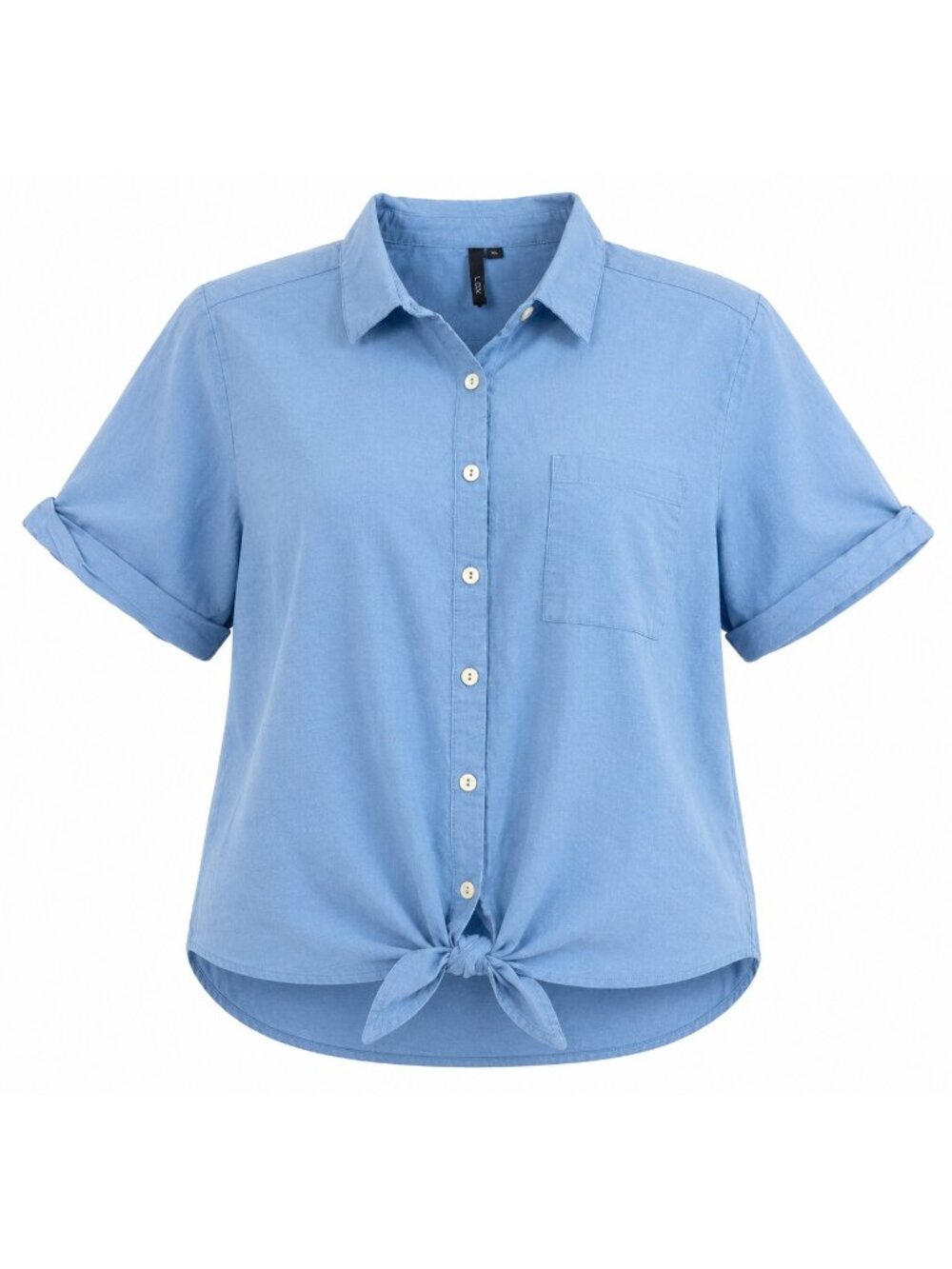L.O.V. Women’s XL Blue Tie Front Button Up Short Sleeve Linen Blend Shirt